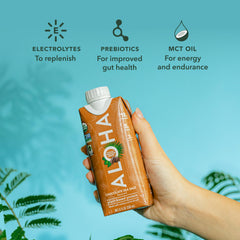 ALOHA Chocolate Sea Salt bottle side view shows creamy base for balanced nutrition.