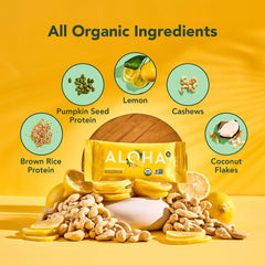 ALOHA Lemon Cashew Bar vegan label highlights plant-based protein and clean ingredients.