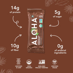 ALOHA nutrition panel lists 14 g protein and 10 g fiber for fullness.