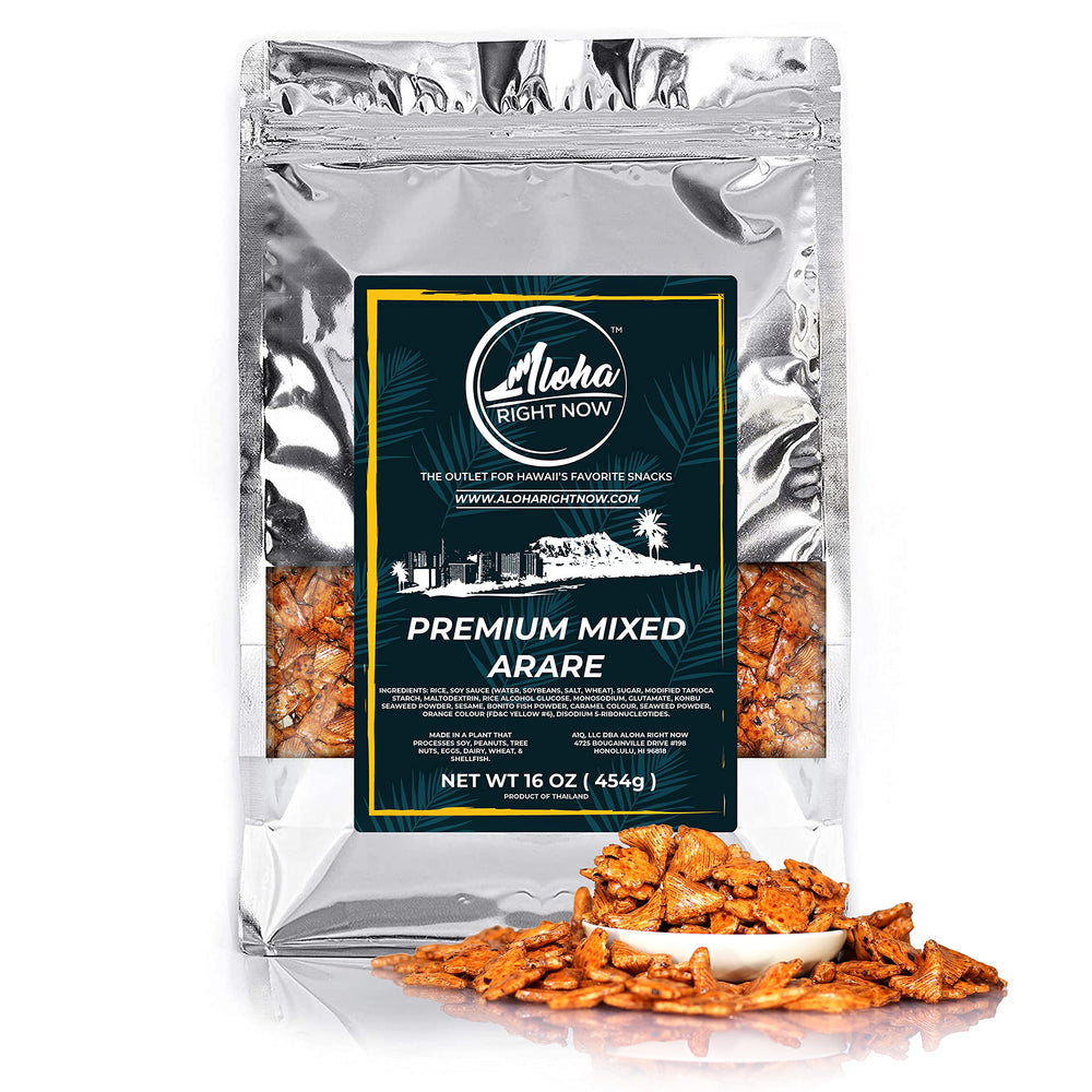 Aloha Right Now mixed arare bites in a resealable bag for easy snacking