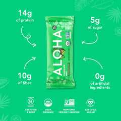 ALOHA vegan, non-GMO gluten-free badge signals diet-friendly options.