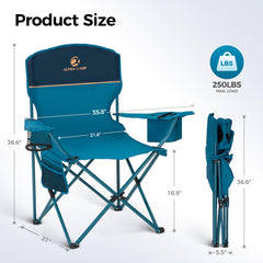 ALPHA CAMP chair close-up shows a 3-can cooler armrest.
