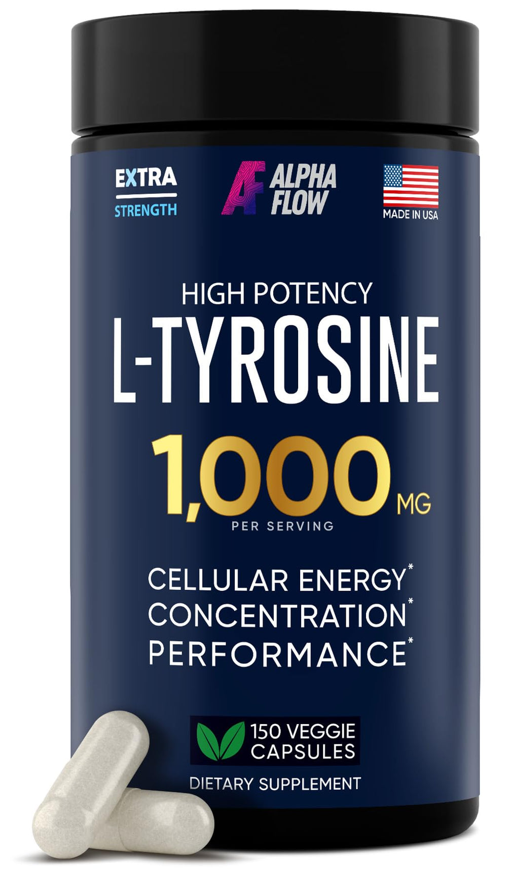 Alpha Flow L Tyrosine capsules in bottle for daily focus support.