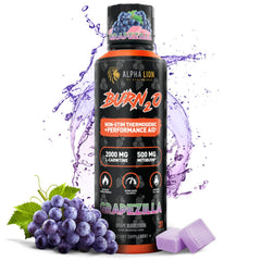 ALPHA LION Burn2O Grapezilla bottle shows caffeine-free metabolism support.