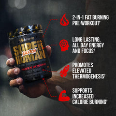 ALPHA LION Superhuman Burn bottle back lists ingredients and safety notes.