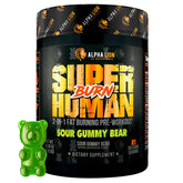 ALPHA LION Superhuman Burn bottle front highlighting energy-boosting formula for workouts.
