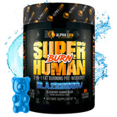 Alpha Lion Superhuman Burn bottle label highlights a 2-in-1 metabolism booster for workouts.