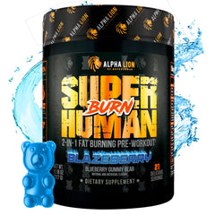 Alpha Lion Superhuman Burn bottle label highlights a 2-in-1 metabolism booster for workouts.