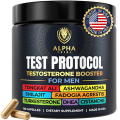Alpha Tribe Test Protocol bottle closeup showing premium packaging for daily vitality