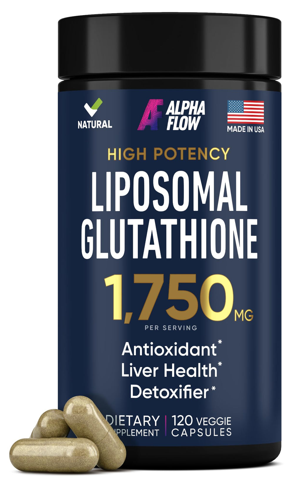 Alpha Flow Liposomal Glutathione bottle viewed, highlighting detox support.
