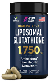 Alpha Flow Liposomal Glutathione bottle viewed, highlighting detox support.
