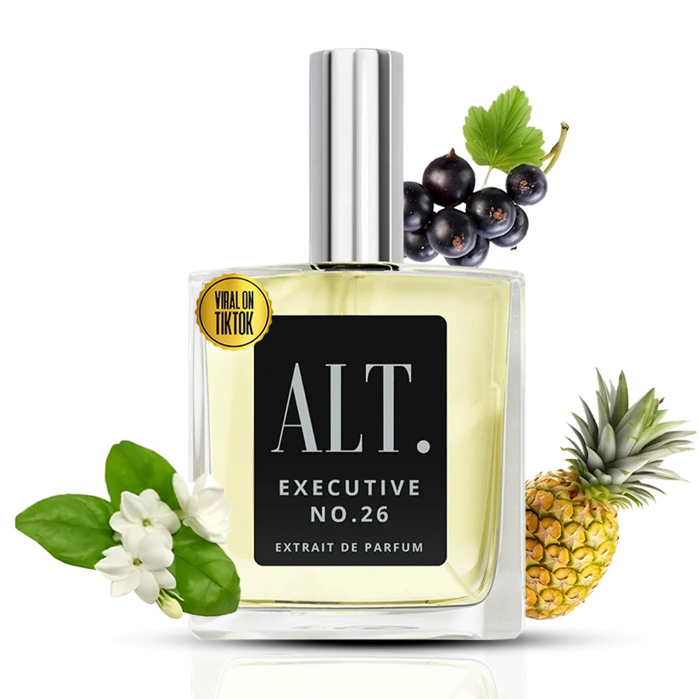 ALT. FRAGRANCES Executive No. 26 bottle pour highlights bold fruity-woody profile for daily confidence