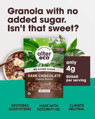 Alter Eco Dark Chocolate Granola texture closeup emphasizes crunchy wholesome ingredients.