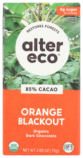 Alter Eco Organic Orange Blackout 85% packaging highlights ethical sourcing