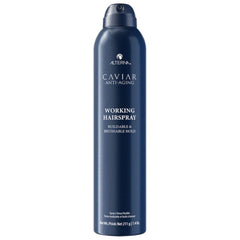 Alterna Caviar Working Hairspray bottle demonstrating flexible, brushable hold for everyday styles.