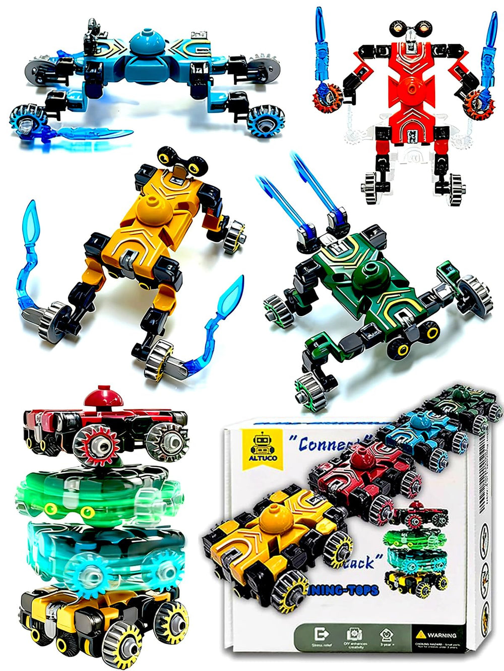 Altuco 4-pack transformable fidget spinners in car mode for imaginative play.