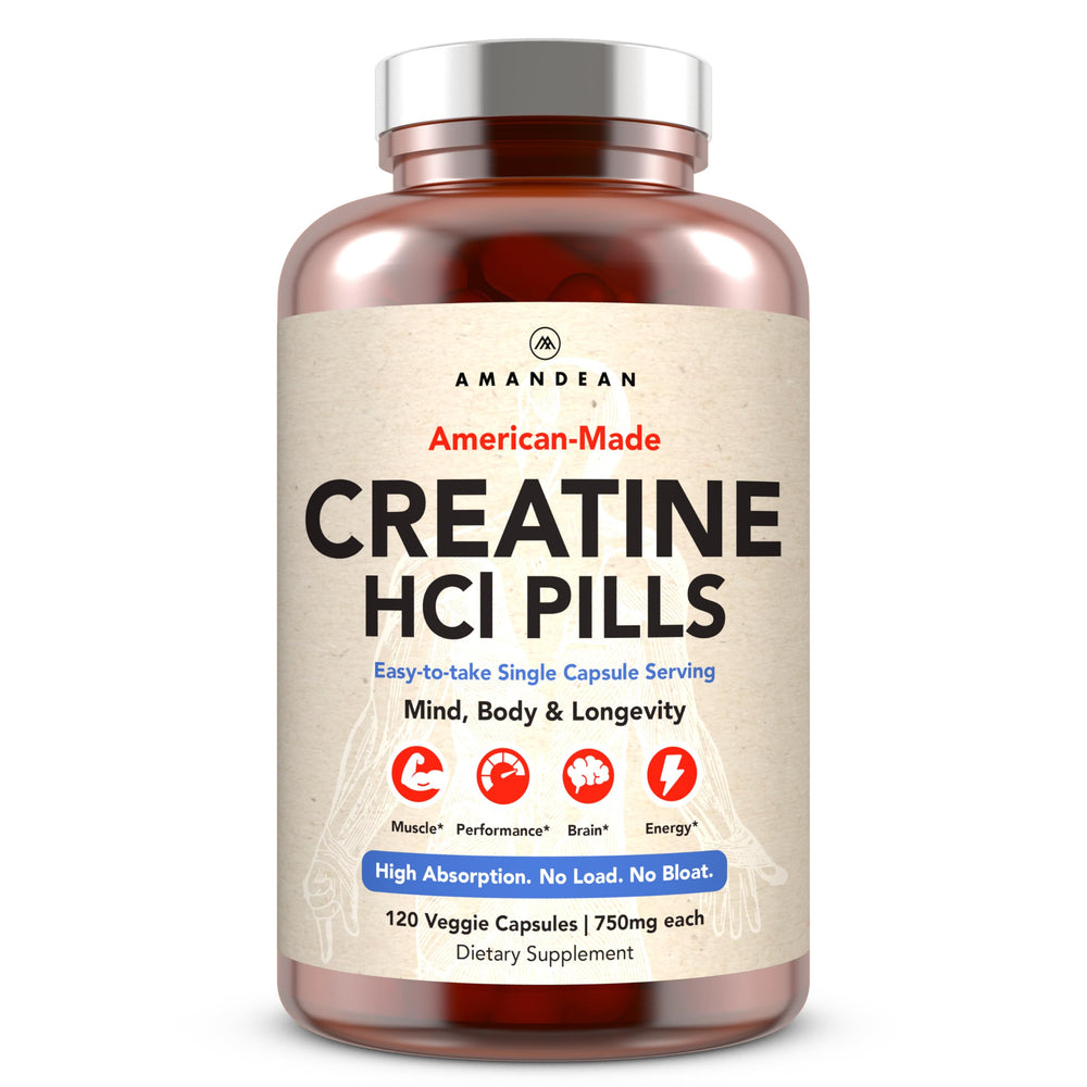 AMAND EAN Creatine HCl pills bottle front highlighting high-absorption energy support