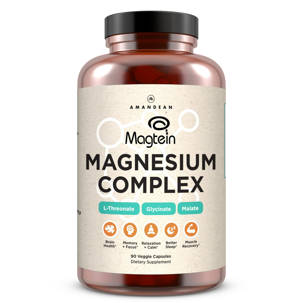 AMANDEAN Magtein Magnesium Complex bottle on a clean surface, highlighting high-absorption formula for daily cognitive support.