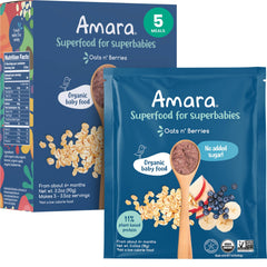 Amara Organic Stage 2 oats-berries pouch on shelf for convenient feeding