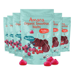 Amara Smoothie Melts packaging in a resealable bag for on-the-go snacking.