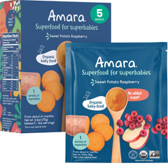 Amara Stage 2 Sweet Potato Raspberry pouch closed for on-the-go feeding.