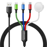 Amasuki 4-in-1 charging cord close-up with USB-C, Lightning, Micro, and iWatch ports for travel
