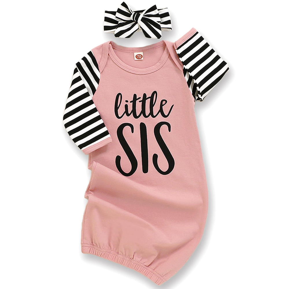 AMAWMW newborn striped sleeper with little sister print, soft and breathable for gentle homecoming nights.