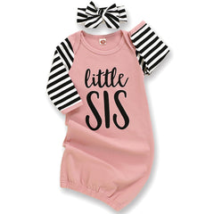AMAWMW newborn striped sleeper with little sister print, soft and breathable for gentle homecoming nights.