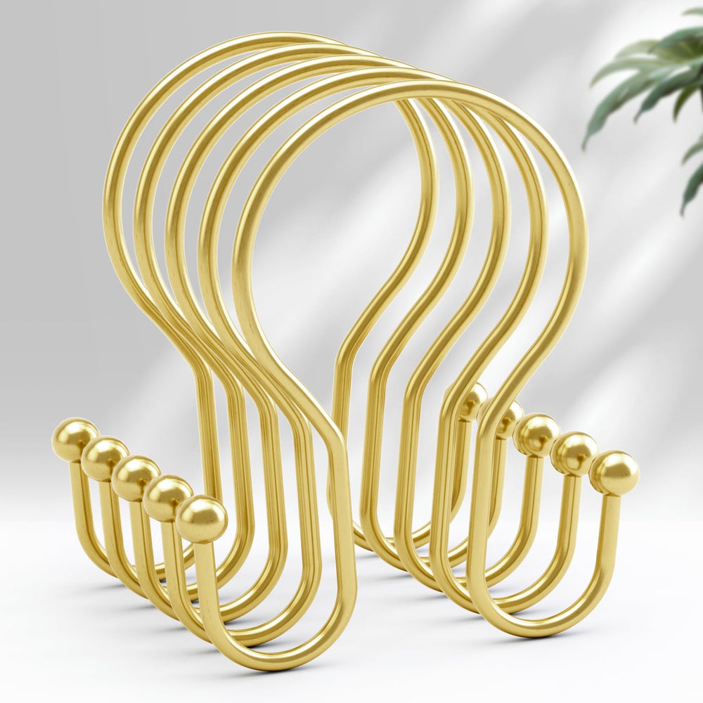 AmazerBath gold double-hook shower curtain hooks provide balanced hanging and rust-free use.