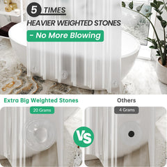 AmazerBath curtain with three weighted stones keeps liner in place.