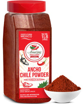 Amazing Chiles & Spices ancho powder bottle front, premium all-natural seasoning for rich sauces.