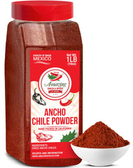 Amazing Chiles & Spices ancho powder bottle front, premium all-natural seasoning for rich sauces.