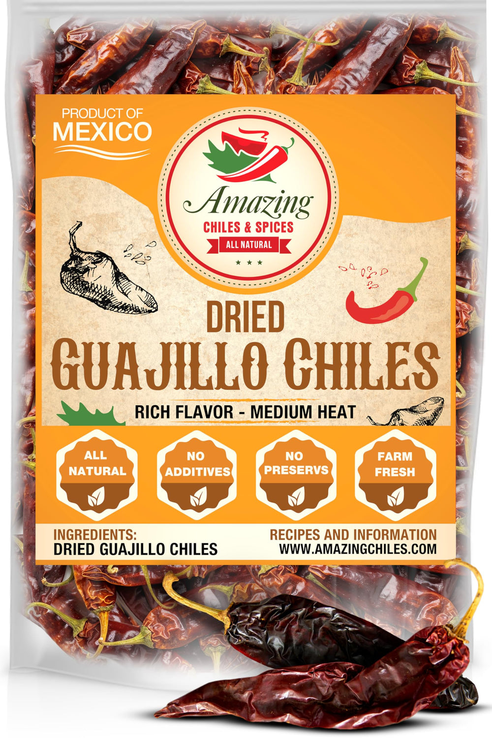 Amazing Chiles & Spices Guajillo chiles dried bag image, ideal for authentic Mexican sauces.