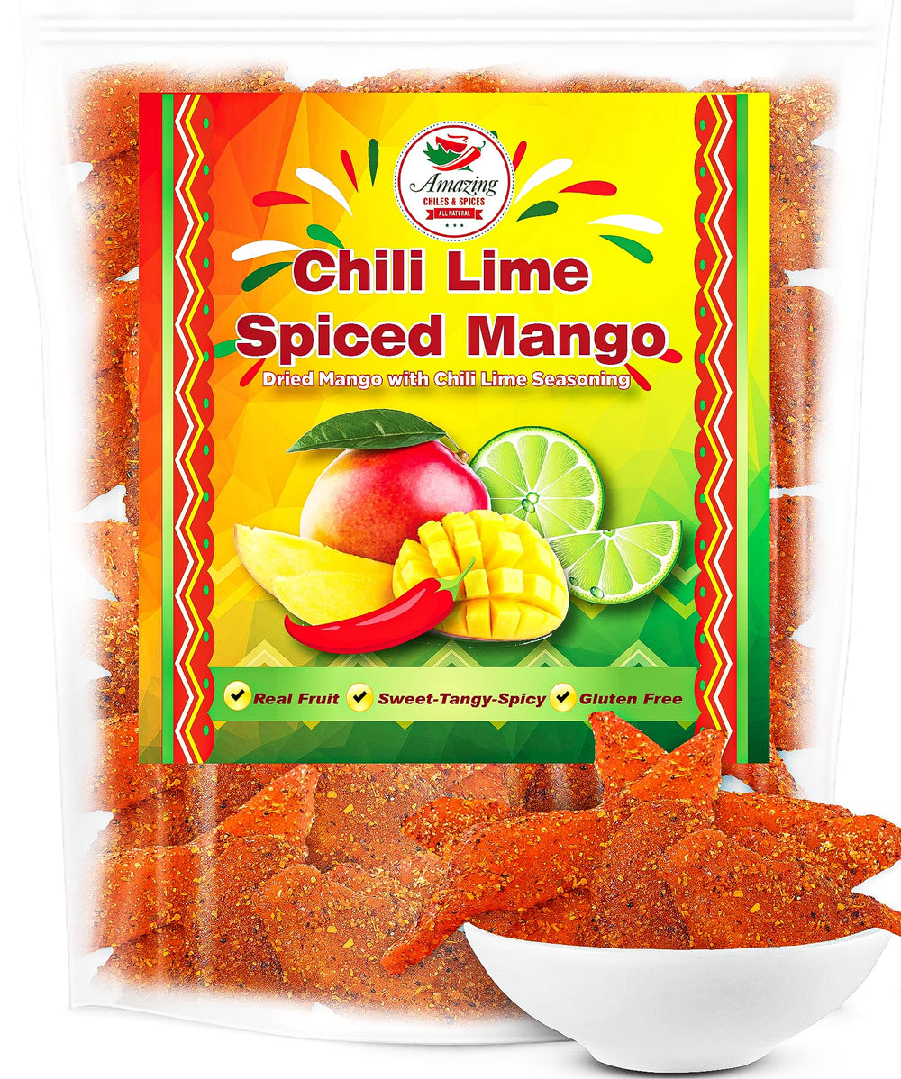 Amazing Chiles & Spices chili-lime dried mango slices closeup, chewy and flavorful.