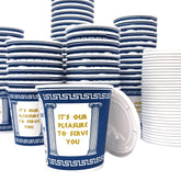 Amazing Goods NYC blue and white coffee cups with lids for on-the-go beverages.