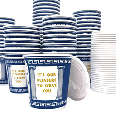 Amazing Goods NYC blue and white coffee cups with lids for on-the-go beverages.