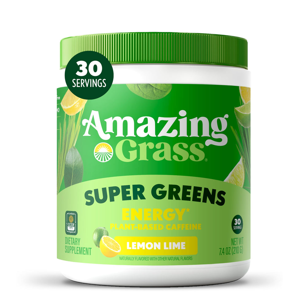 Amazing Grass Greens Blend Energy tub label shows organic ingredients and a refreshing energy boost