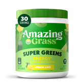 Amazing Grass Greens Blend Energy tub label shows organic ingredients and a refreshing energy boost