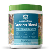 Amazing Grass Greens Blend scoop in jar, convenient for quick alkalizing smoothies.