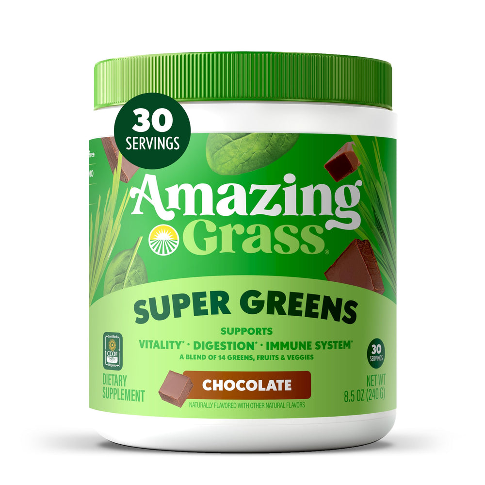 Amazing Grass Greens powder bottle supports daily energy with cacao and greens.