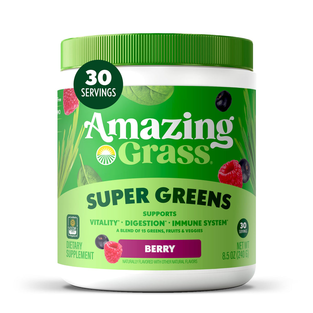Amazing Grass Greens Superfood Powder tub—nutrient-dense daily greens for smoothies.
