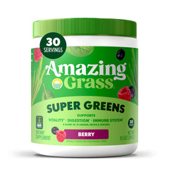 Amazing Grass Greens Superfood Powder tub—nutrient-dense daily greens for smoothies.