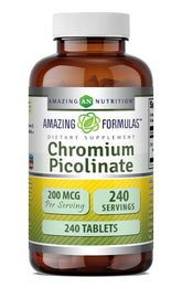 Amazing Formulas chromium picolinate bottle closeup for purity and potency.