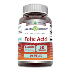 Amazing Nutrition folic acid 1000 mcg bottle front view for daily wellness.
