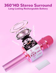 Amazmic karaoke microphone voice changer adds playful sound effects for performances.