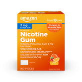 Amazon Basic Care gum 2 mg fruit flavor packaging supports on-the-go craving management.