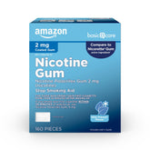 Amazon Basic Care coated gum 2 mg ice mint front pack; designed to curb cravings.