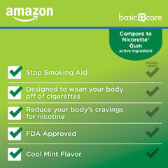 Packaging box image of Amazon Basic Care mint gum highlighting flavor and NRT backing.