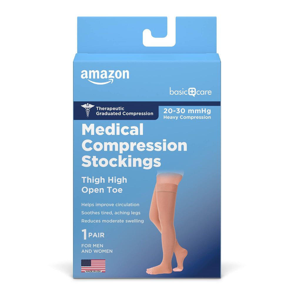 Amazon Basic Care compression stockings with open-toe design for easy toe inspection and comfort.
