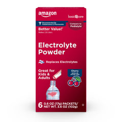 Amazon Basic Care cherry electrolyte packets beside the box for quick hydration.